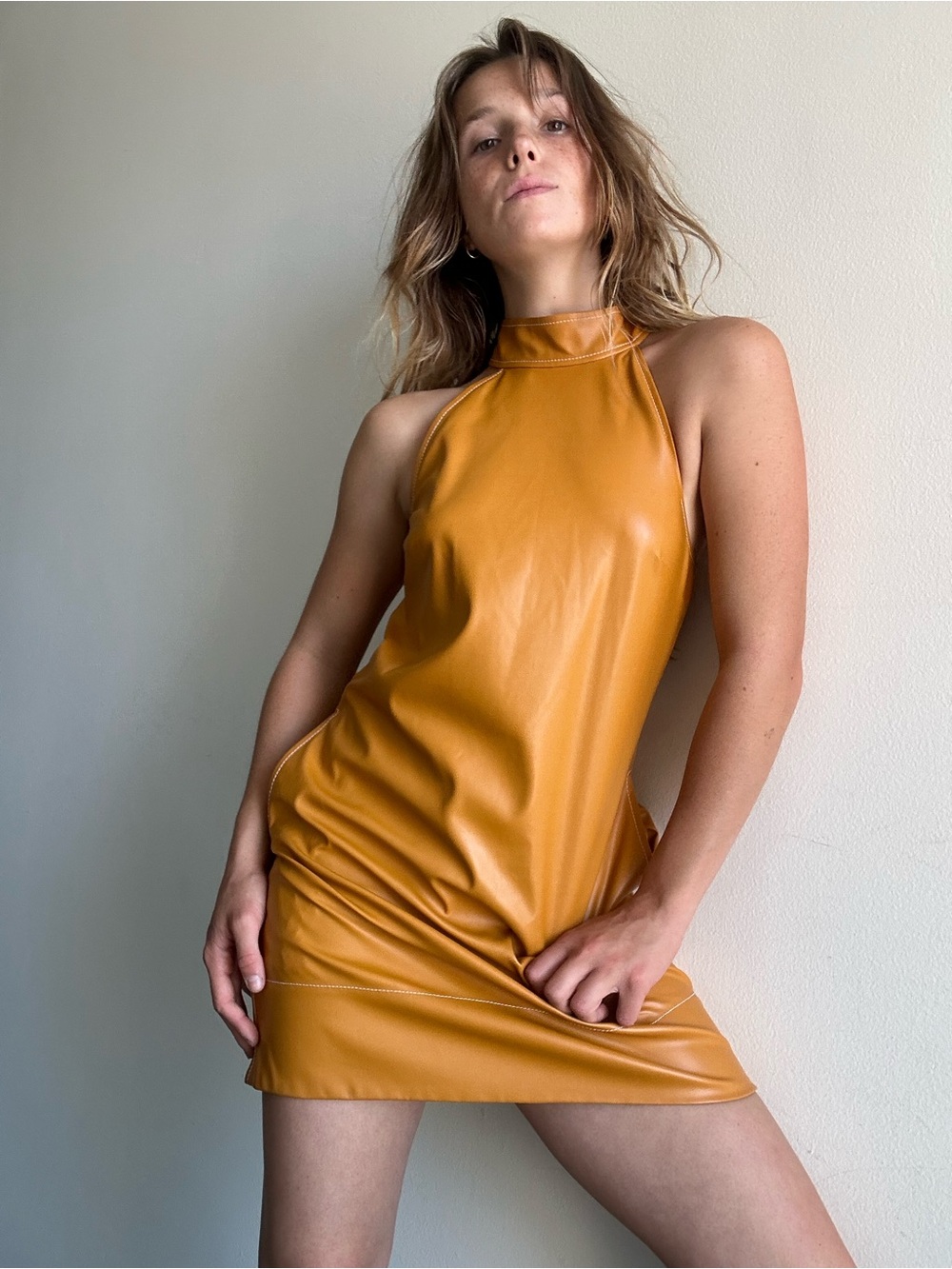 STAUD Sicily Faux Leather Halter Minidress